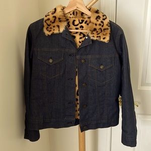 Soft short animal print fur collar jean jacket